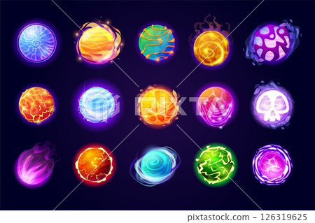 Cartoon magic orbs. Energy balls fantasy 2d game vfx effect, occult orb power glow sphere water fire ball magician mystery globe fireball shiny crystal, swanky vector illustration 126319625