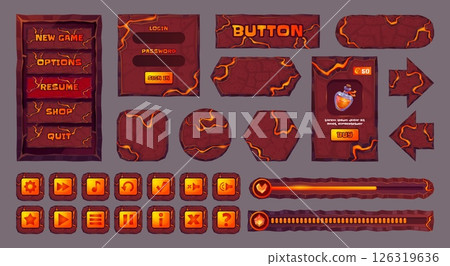 Lava stone ui. Volcano eruption game menu interface, volcanic rock fire lava stones arrow button loading progress bar mobile gaming app, cartoon asset swanky vector illustration 126319636