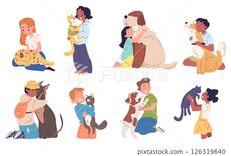 Children hugging dogs. Happy kids hug love pets, little owner holding puppy dog cat girl boy cuddle puppy kitten best friends animal child companion, classy vector illustration 126319640