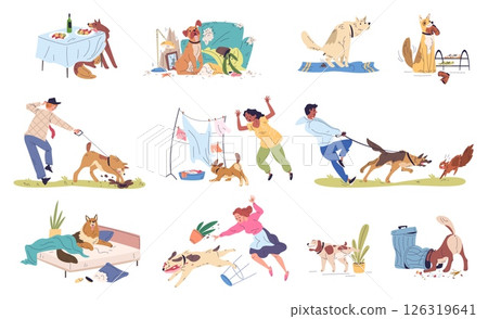 Dog behavior problems. Broken puppy separation anxiety, hyperactive dogs naughty pet bad habits destroy home room digging poop on carpet, canine animal classy vector illustration 126319641