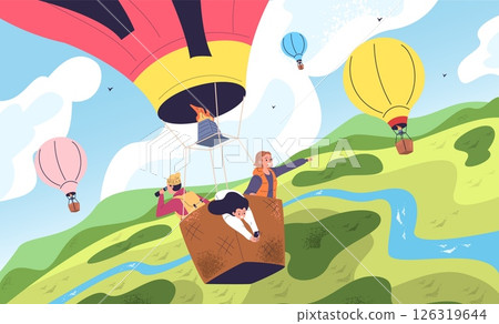 People air balloon flight. Happy man woman flying in basket with binocular telescope pointing on mountain sky, turkey cappadocia travel tourist adventure classy vector illustration 126319644