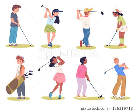 Children play golf. Cartoon kid golfer characters, girl or boy stick hit ball swing putt school summer golfing club field course child junior sport, classy vector illustration Children play golf. Cartoon kid golfer characters, girl or boy stick hit ball swing putt school summer golfing club field course child junior sport, classy vector illustration 126319718