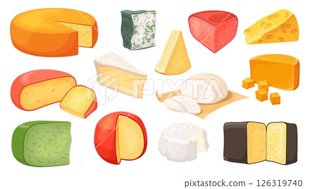 Cartoon cheese types. Italian swiss or goat cheeses type, cheddar mozzarella brie gouda parmesan french curd milk dairy food slices breakfast snack, set neat vector illustration 126319740