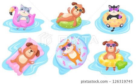 Animals in swimming rings. Cartoon cute pet swim ring pool, dog cat sunglasses funny characters summer vacation sea beach mascot float inflatable circle, neat vector illustration 126319745