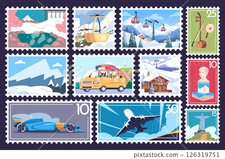 Travel postage marks. Touristic postcard postage stamps, summer vacation letter mail post stickers with attractions Japan Brazil mountains snow ski resort mark vector illustration Travel postage marks. Touristic postcard postage stamps, summer vacation letter mail post stickers with attractions Japan Brazil mountains snow ski resort mark vector illustration 126319751