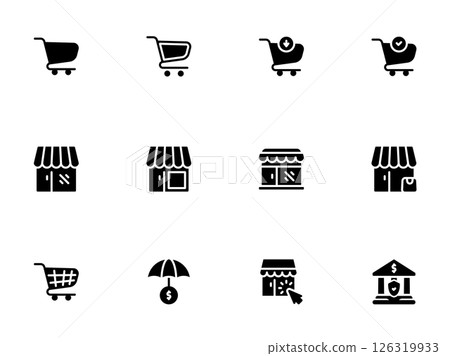 E commerce Glyphs Carts, Storefronts, and Financial Security Icons E commerce Glyphs Carts, Storefronts, and Financial Security Icons 126319933