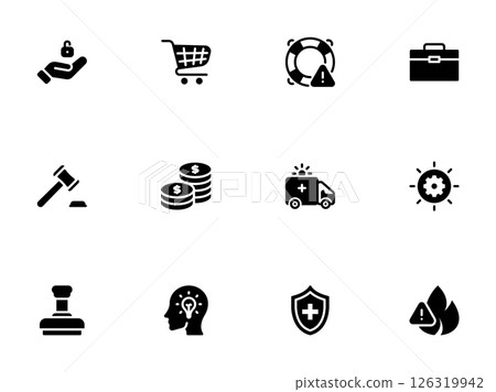 Diverse Set of Black Glyphs for Security, Commerce, and Emergency Diverse Set of Black Glyphs for Security, Commerce, and Emergency 126319942
