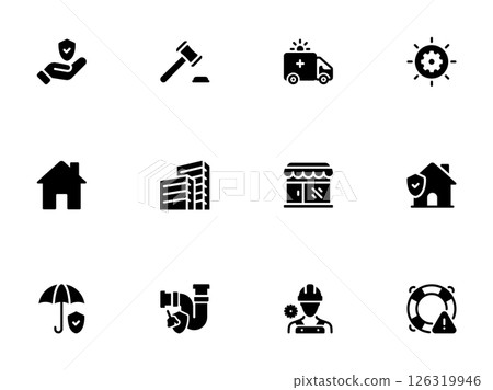 Comprehensive Black Icons for Insurance, Legal, and Property Services 126319946