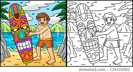 Surfing Boy with a Tiki Surfboard Illustration  126320002