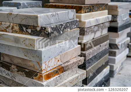 A stack of marble slabs in diverse shades showcases unique patterns and textures, perfect for architectural and design applications 126320207