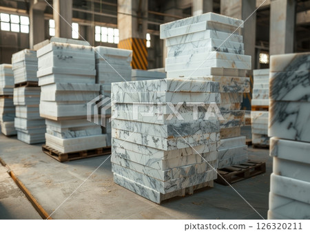 White marble slabs are neatly stacked in a spacious warehouse, organized on wooden pallets and prepared for shipping or construction projects 126320211