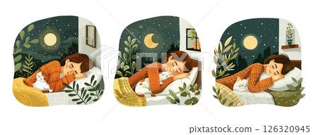 Woman cat sleeping together cartoon vector concepts. Young girl bedroom bed pillow home pet relaxation rest peace tranquility characters illustration isolated on white background 126320945