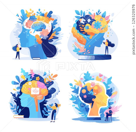 Mind innovation cartoon vector artworks. Woman head laptop intelligence education creativity characters cooperation volume ideas exploration progress isolated scenes 126320976