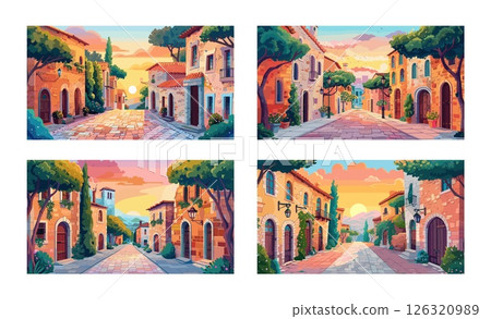 Medieval city street cartoon vector scenes. Old european bricks stones ancient houses facade wooden doors trees sunset sidewalk road buildings concepts 126320989