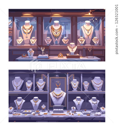 Jewelry store cartoon vector concepts. Showcase gold necklaces mannequins wristwatches chains diamond rings earrings gift wealthy expensive metals stones accessories, isolated illustrations 126321001