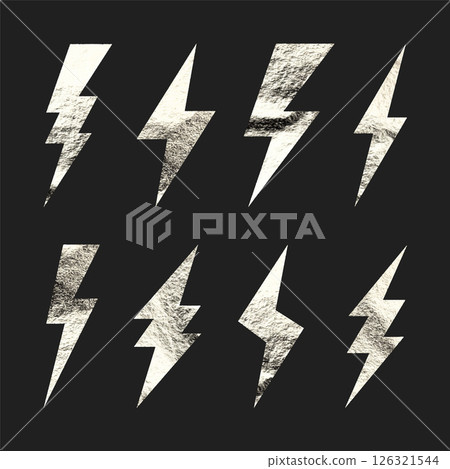 Silver lightning bolt icons collection. Gold foil texture. Flash symbol, thunderbolt. Simple lightning strike sign. Vector illustration 126321544
