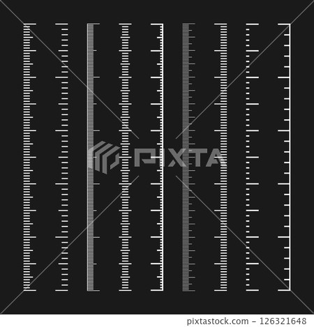 Vertical measurement scales with divisions. Realistic scale for measuring length or height in centimeters, millimeters or inches. Ruler, tape measure marks, size indicators. Vector illustration 126321648