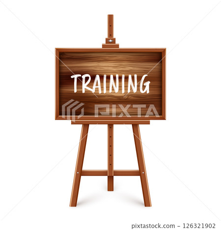 Wooden chalkboard on easel. Blackboard in wooden frame on a tripod. Presentation board with text, writing or drawing surface. Online studying, learning mockup. Vector illustration 126321902