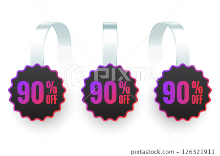Supermarket promotional wobblers. Realistic white wobbler template for shelf advertising, 90 percent off discount. Sale label with ad text. Special offer price tag. Vector illustration Supermarket promotional wobblers. Realistic white wobbler template for shelf advertising, 90 percent off discount. Sale label with ad text. Special offer price tag. Vector illustration 126321911