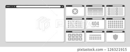 Web browser window, pages layout with toolbar and search field. Modern website, internet page in flat style. Browser mockup for computer, tablet and smartphone. Adaptive UI. Vector illustration 126321915