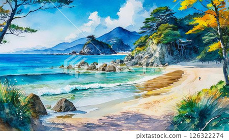 Unwind on the soft sands of Kakinohana Beach, a picturesque coastal haven offering a serene escape and captivating views of the ocean, a perfect place to relax and rejuvenate. 126322274