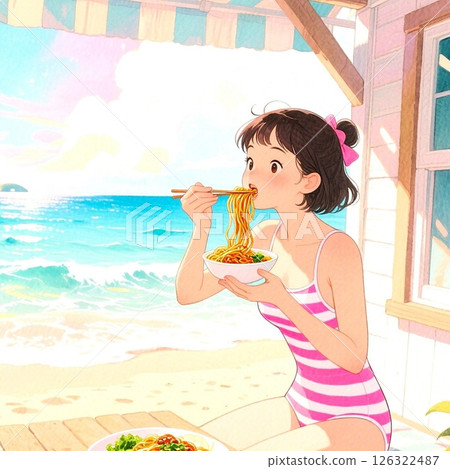 An illustration of a cute woman eating delicious food at a beach house 126322487