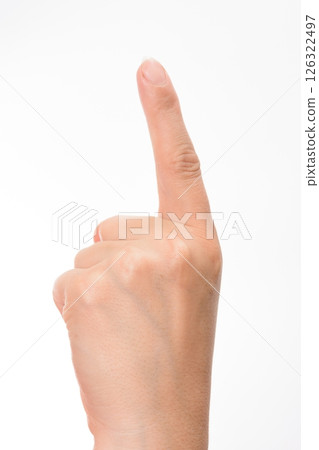 Hand with index finger pointing upwards against a white background. Hand with index finger pointing upwards against a white background. 126322497
