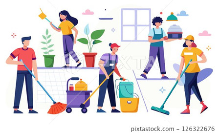 They perform a variety of tasks, such as sweeping, mopping, and vacuuming floors. 126322676