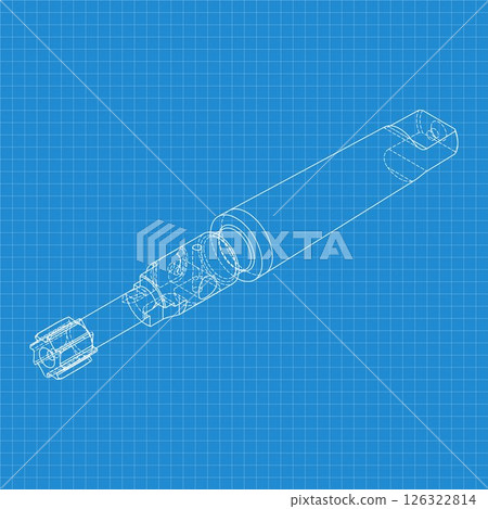 Mechanical engineering drawings. Tap tools, borer. Technical Design. Cover. Blueprint. Step Cutting Tool with Countersinking Function. Technical 3D Vector Illustration 126322814