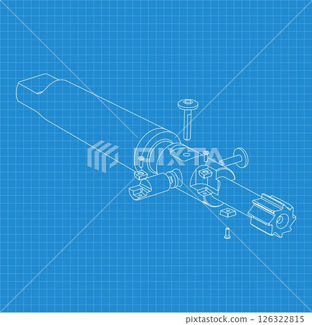 Mechanical engineering drawings. Tap tools, borer. Technical Design. Cover. Blueprint. Step Cutting Tool with Countersinking Function. Technical 3D Vector Illustration 126322815