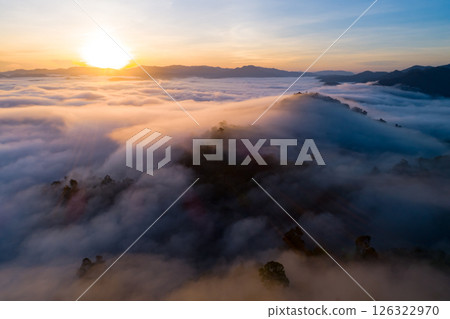 Drone aerial view of landscape fog over mountains in sunrise sky,High angle view over countryside at Southeast asia,Phang Nga Thailand,Wide angle view nature landscape Drone aerial view of landscape fog over mountains in sunrise sky,High angle view over countryside at Southeast asia,Phang Nga Thailand,Wide angle view nature landscape 126322970
