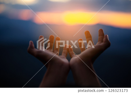 Close up christians hands pray to God with spiritual faith on holy bible in catholic church religion worship prayer ask god bless pray grace jesus believe Christianity religion prayer holy worship. 126323173