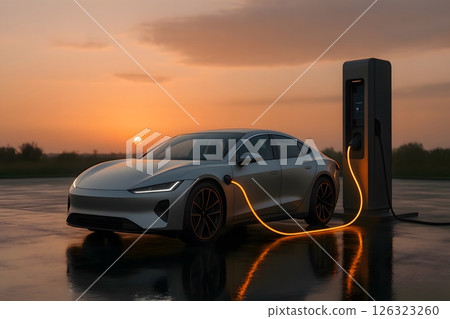 Futuristic electric car charging at station during sunset on wet asphalt 126323260