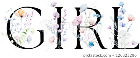 Word GIRL made with pastel pink watercolor flowers and leaves, isolated baby shower illustration Word GIRL made with pastel pink watercolor flowers and leaves, isolated baby shower illustration 126323296