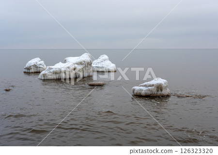 Rocks and ice on the shore of the Baltic Sea, Kaltene, Latvia 126323320