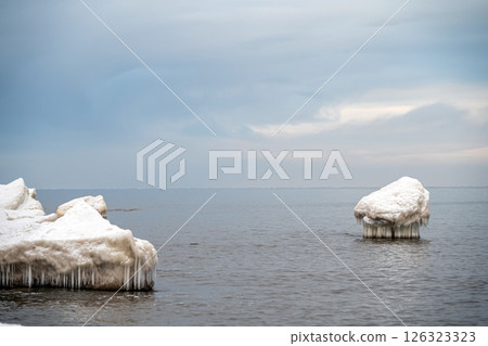 Rocks and ice on the shore of the Baltic Sea, Kaltene, Latvia 126323323