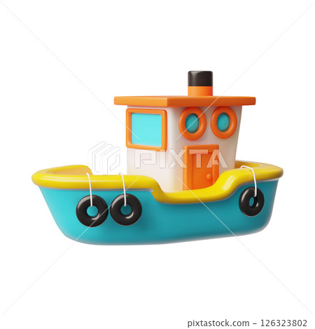 3D vector illustration of boat with orange and blue cabin, with lifebuoys hanging from the side. 3D vector illustration of boat with orange and blue cabin, with lifebuoys hanging from the side. 126323802