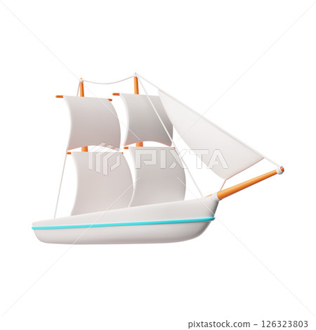 3D vector illustration of a ship with white sails and mast. 126323803