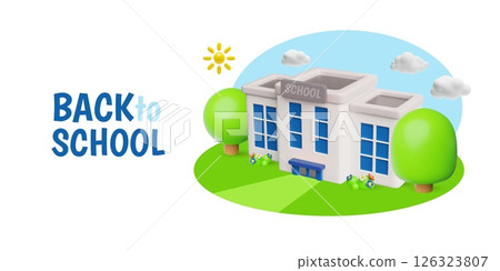 3D School Building Banner Among Green Trees and Sun, with Back to School Lettering. 126323807