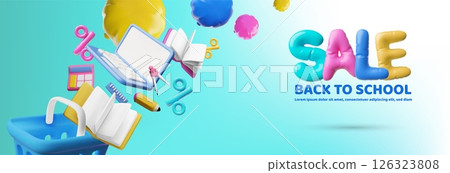 3D vector banner for back to school sale, with shopping cart, laptop and stationery. 126323808
