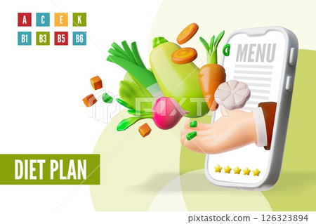 3d vector banner with hand from smartphone screen with vegetables. Healthy diet plan. 3d vector banner with hand from smartphone screen with vegetables. Healthy diet plan. 126323894