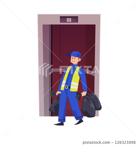 Man worker in uniform exits elevator with trash bags vector flat illustration isolated, metallic grey lift sliding doors 126323898