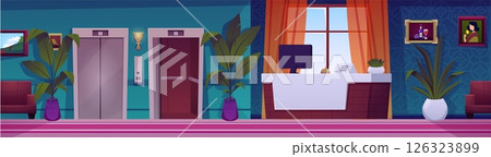 Hotel, house or company lobby and reception or concierge desk, vector flat vintage hall interior with lift elevators 126323899
