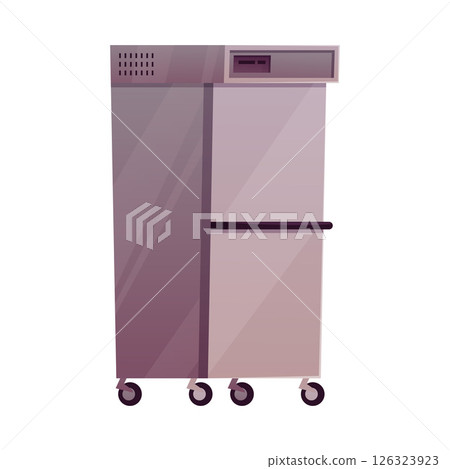 Stainless fridge on wheels, vector flat refrigerator metallic surface household or restaurant kitchen electric appliance 126323923