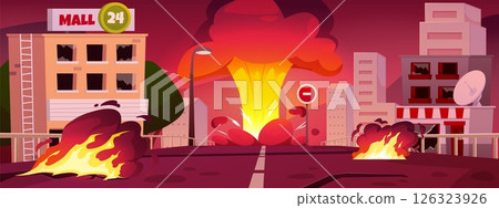 Bomb blast in city, buildings and roads are burning and destroyed, abandoned flaming cityscape vector flat illustration 126323926