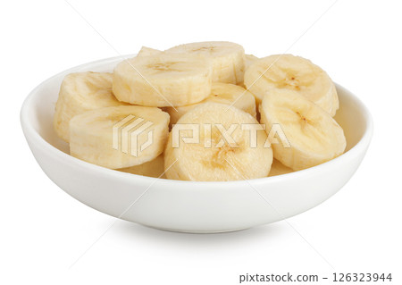 peeled banana pieces in ceramic bowl isolated on white background 126323944