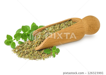 Oregano or marjoram leaves fresh and dry in wooden scoop isolated on white background. Top view. Flat lay. 126323991