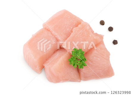 Raw diced chicken fillet isolated on white background. Top view. Flat lay Raw diced chicken fillet isolated on white background. Top view. Flat lay 126323998