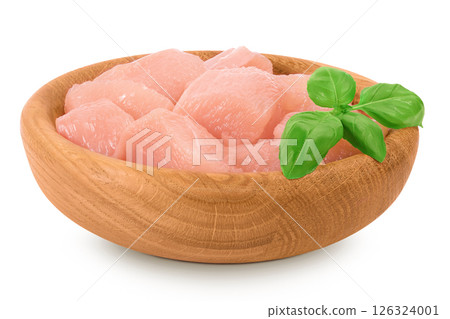 Raw diced chicken fillet in wooden bowl isolated on white background. Top view. Flat lay Raw diced chicken fillet in wooden bowl isolated on white background. Top view. Flat lay 126324001