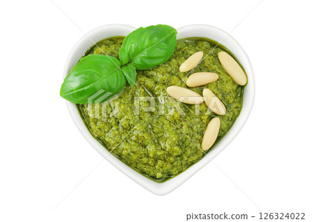 Pesto sauce in ceramic bowl isolated on white background. Top view. Flat lay. 126324022
